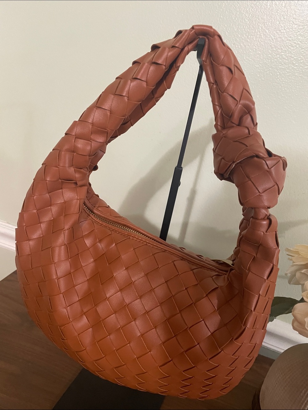 Woven Knot Handle Shoulder Bag - Cognac Brown - Picture 3 of 3